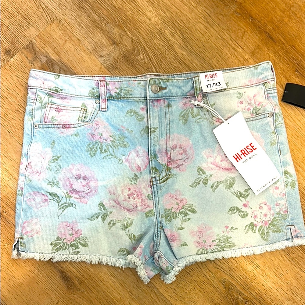 Celebrity Pink Jean Shorts Blue and Pink Floral Design
